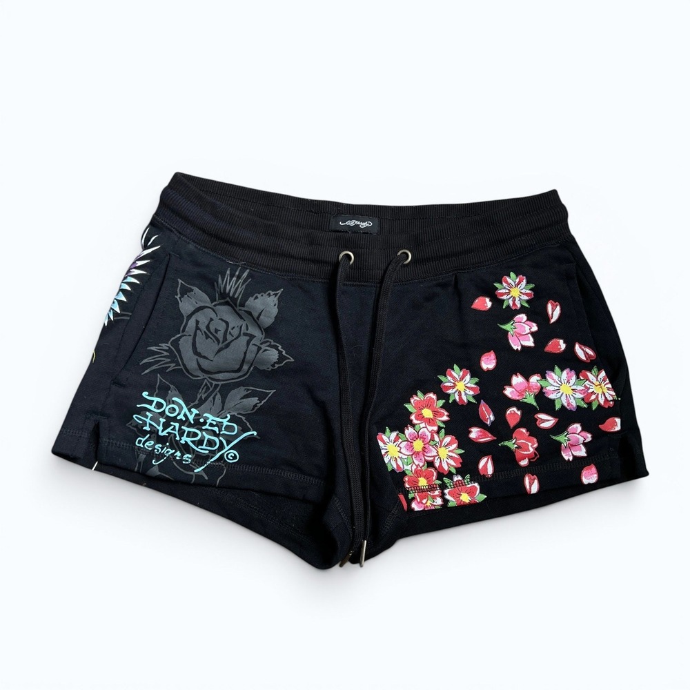 Ed Hardy Womens M Black Fleece Shorts Floral Rose Tattoo Y2K Lounge Casual